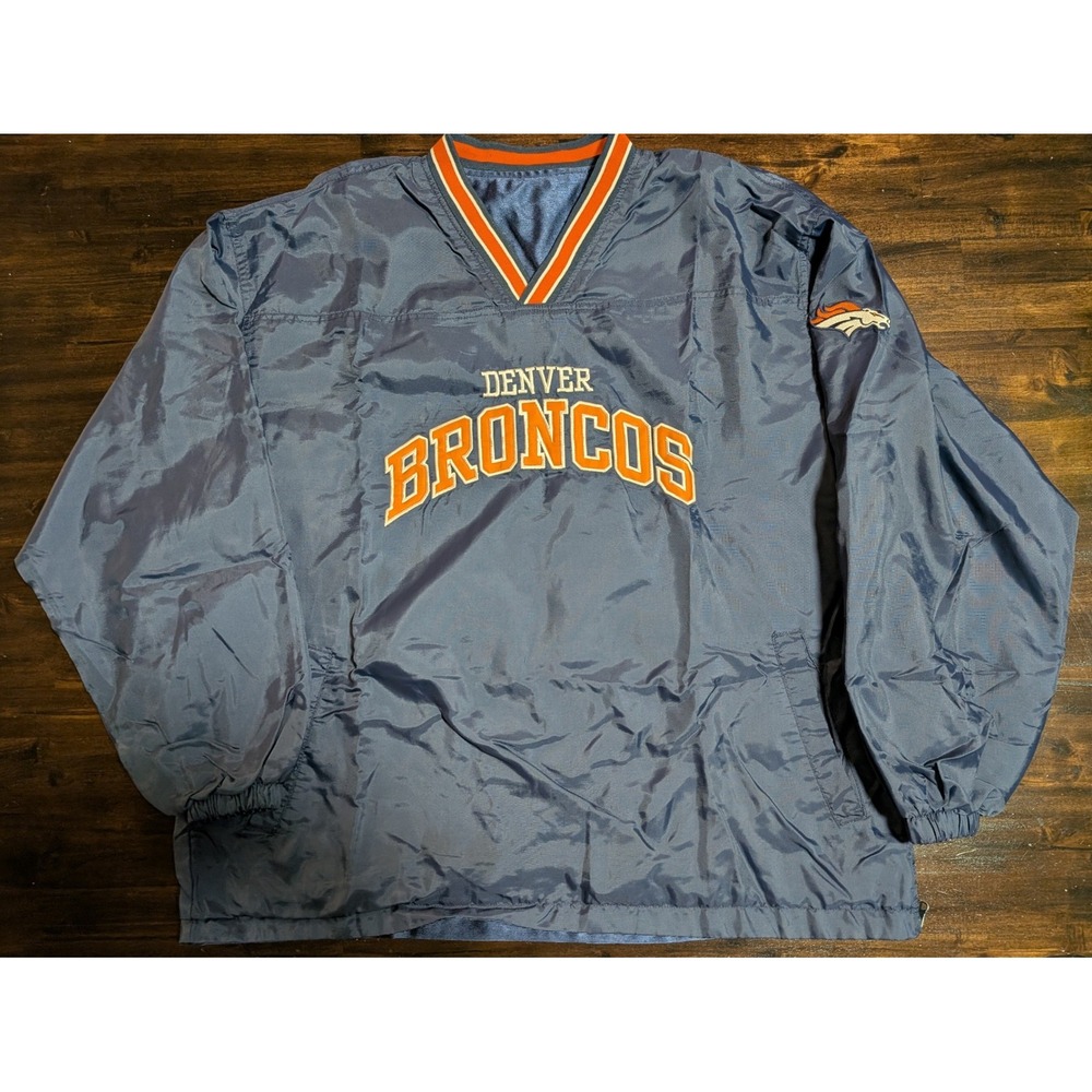 Denver Broncos Reversible Windbreaker Pullover Navy Blue Mens XL V-Neck Logo